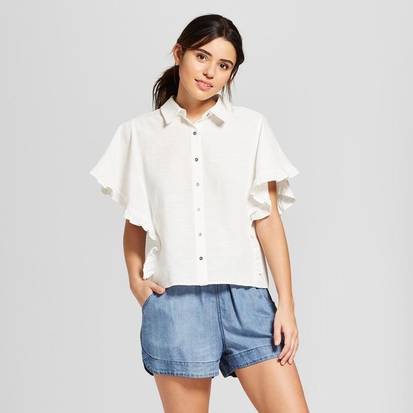 Universal Thread Tops - White Ruffle Button Down Top